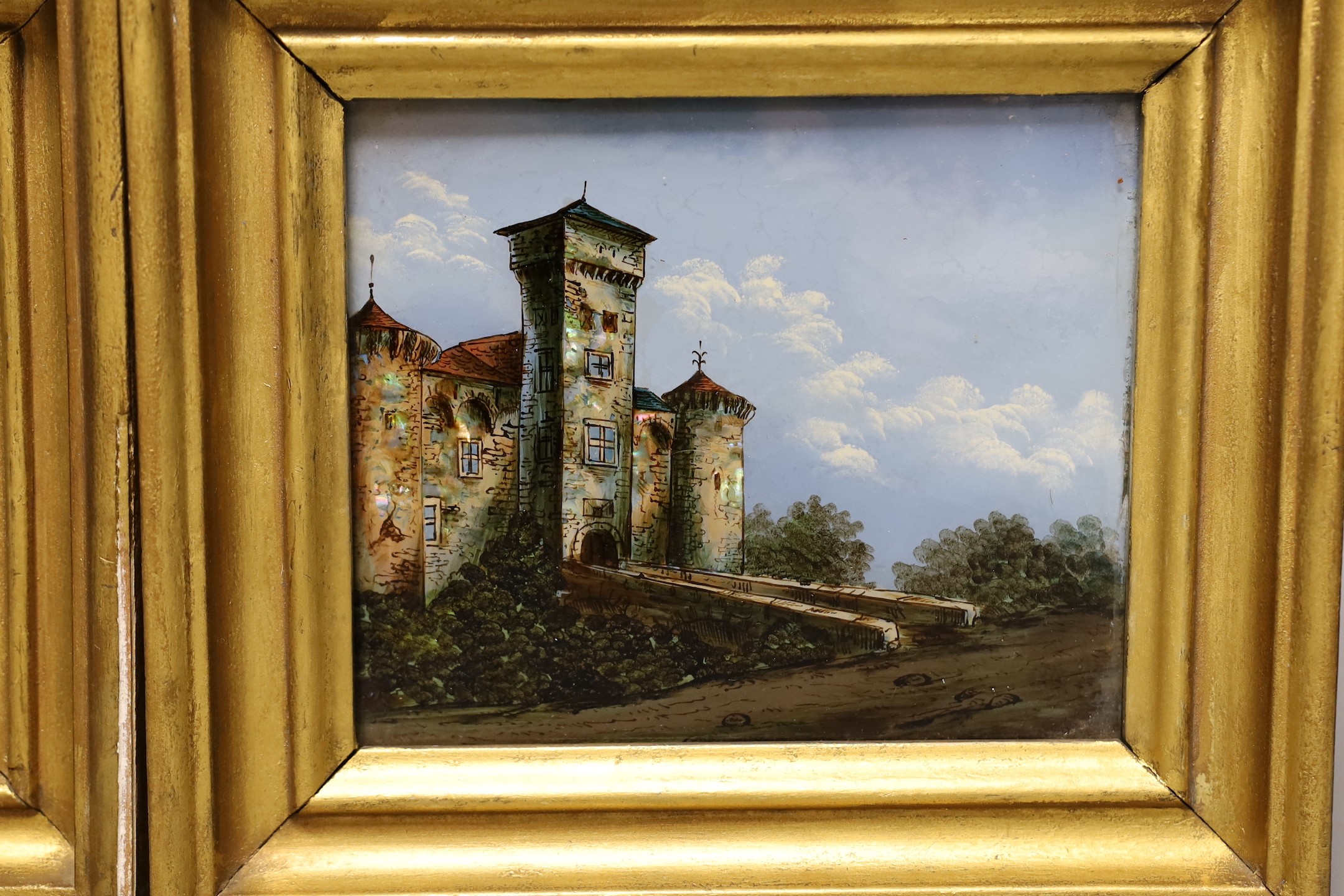 A pair of framed late 19th century reverse glass paintings of Italianate views, 22x25 including frame